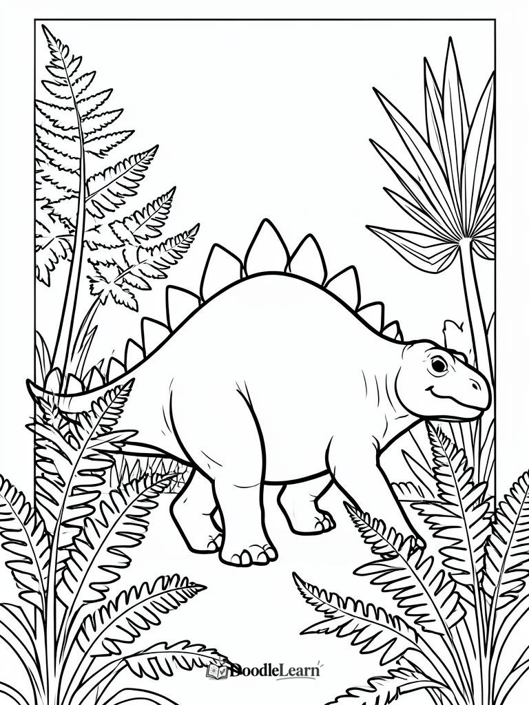 Stegosaurus walking through ferns printable coloring page